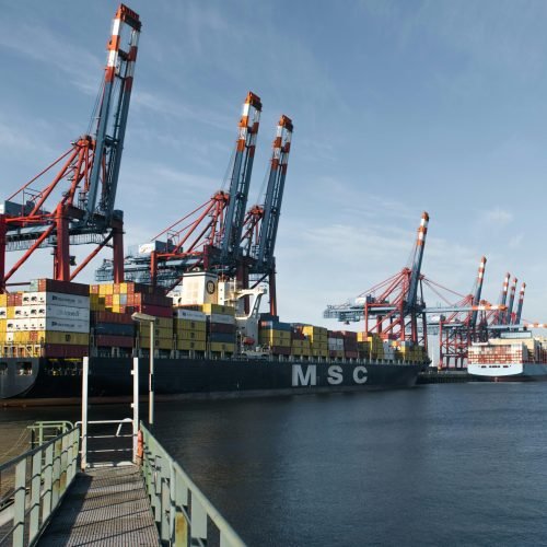 Container ships docked at Hamburg port with cranes loading cargo under clear skies.